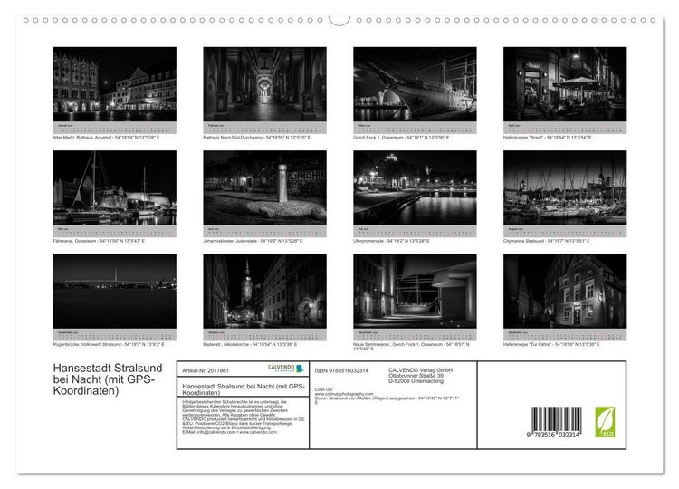 Produktbild: Hansestadt Stralsund bei Nacht (mit GPS-Koordinaten) (hochwertiger Premium Wandkalender 2026 DIN A2 quer), Kunstdruck in Hochglanz