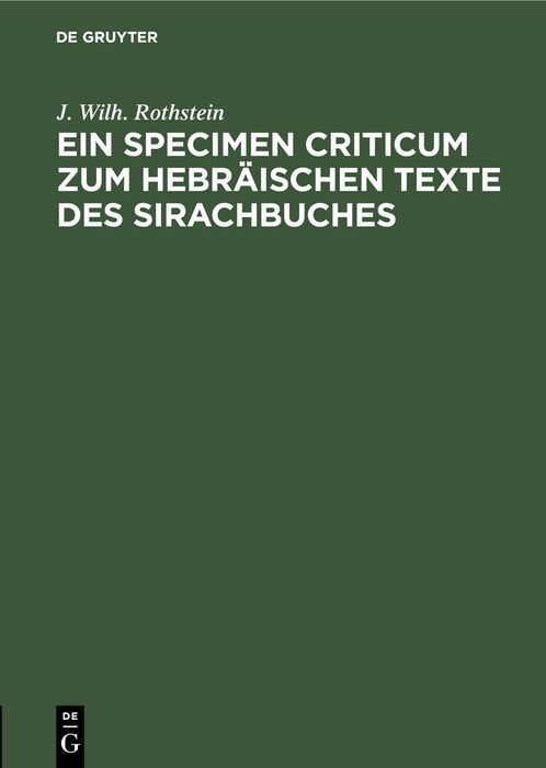 Produktbild: Ein Specimen Criticum zum Hebr&auml;ischen Texte des Sirachbuches
