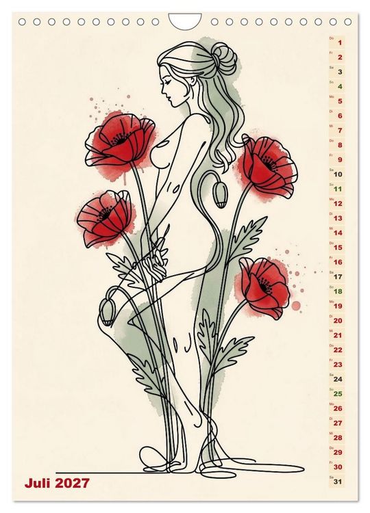 Produktbild: Bl&uuml;tenhauch und Silhouette - Line Art trifft Aquarell (Wandkalender 2027 DIN A4 hoch), CALVENDO Monatskalender
