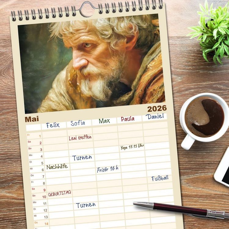 Produktbild: Familienplaner 2026 - Mystiker und Denker - Bekannte Gesichter der Vergangenheit mit 5 Spalten (Wandkalender, 21 x 45 cm) CALVENDO
