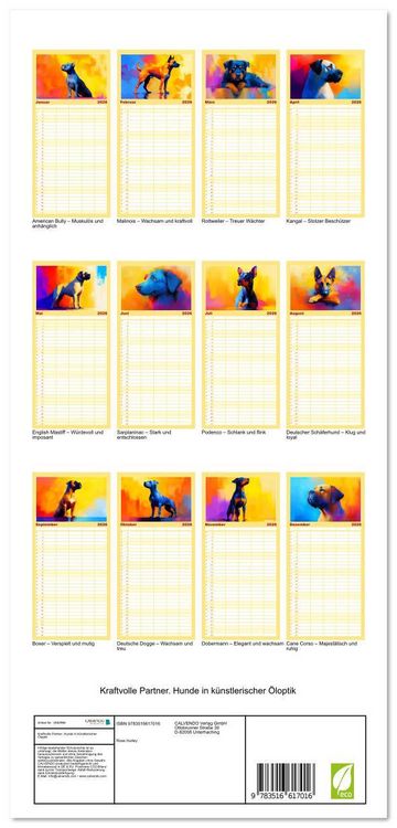 Produktbild: Familienplaner 2026 - Kraftvolle Partner. Hunde in k&uuml;nstlerischer &Ouml;loptik mit 5 Spalten (Wandkalender, 21 x 45 cm) CALVENDO