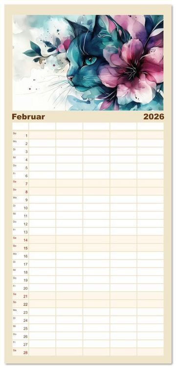 Produktbild: Familienplaner 2026 - Katzensymphonie in Aquarell mit 5 Spalten (Wandkalender, 21 x 45 cm) CALVENDO