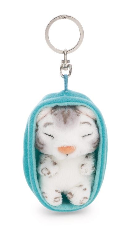 Produktbild: NICI - Schl&uuml;sselanh&auml;nger Sleeping Pets Schneeleopard 8cm K&ouml;rbchen blau an Header Karte