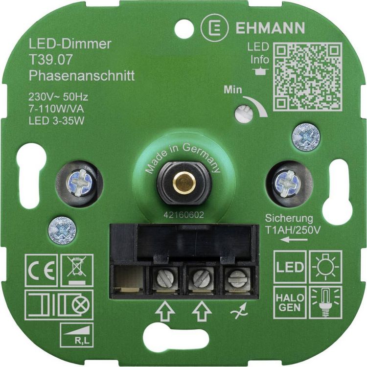Produktbild: Ehmann 3900x0700 Unterputz Dimmer Geeignet f&uuml;r Leuchtmittel: Energiesparlampe, LED-Lampe, Halogenlampe, Gl&uuml;hlampe
