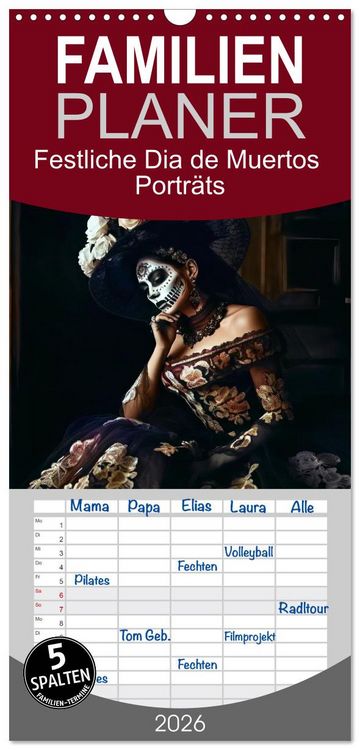 Produktbild: Familienplaner 2026 - Festliche Dia de Muertos Portr&auml;ts mit 5 Spalten (Wandkalender, 21 x 45 cm) CALVENDO