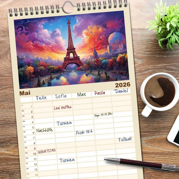 Produktbild: Familienplaner 2026 - Eiffelturm: Kreativ anders mit 5 Spalten (Wandkalender, 21 x 45 cm) CALVENDO