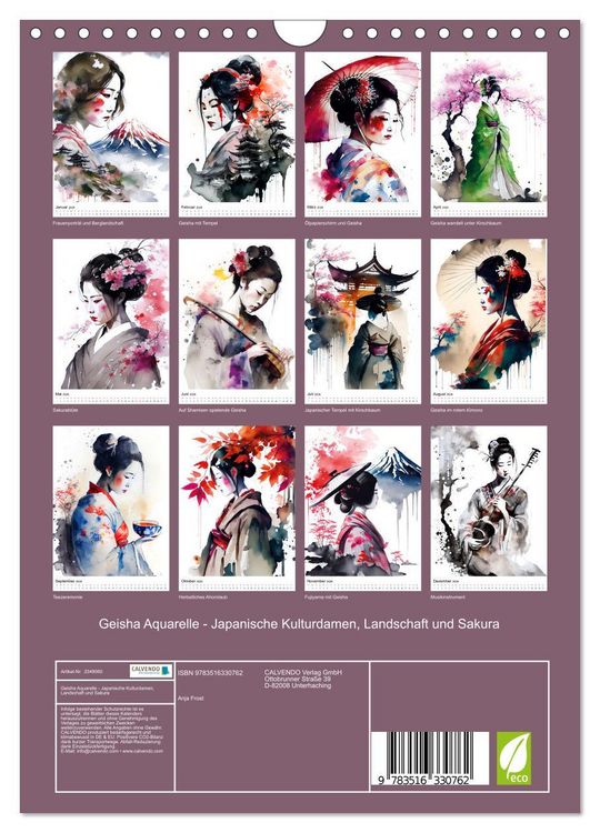 Produktbild: Geisha Aquarelle - Japanische Kulturdamen, Landschaft und Sakura (Wandkalender 2026 DIN A4 hoch), CALVENDO Monatskalender