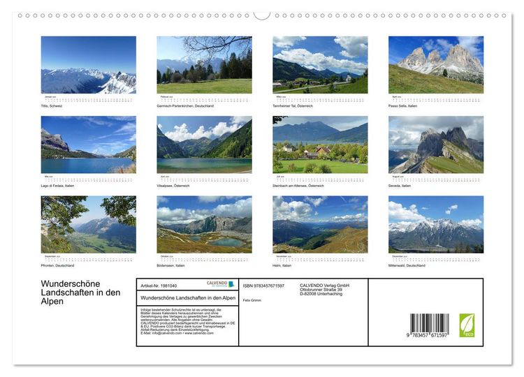 Produktbild: Wundersch&ouml;ne Landschaften in den Alpen (hochwertiger Premium Wandkalender 2026 DIN A2 quer), Kunstdruck in Hochglanz