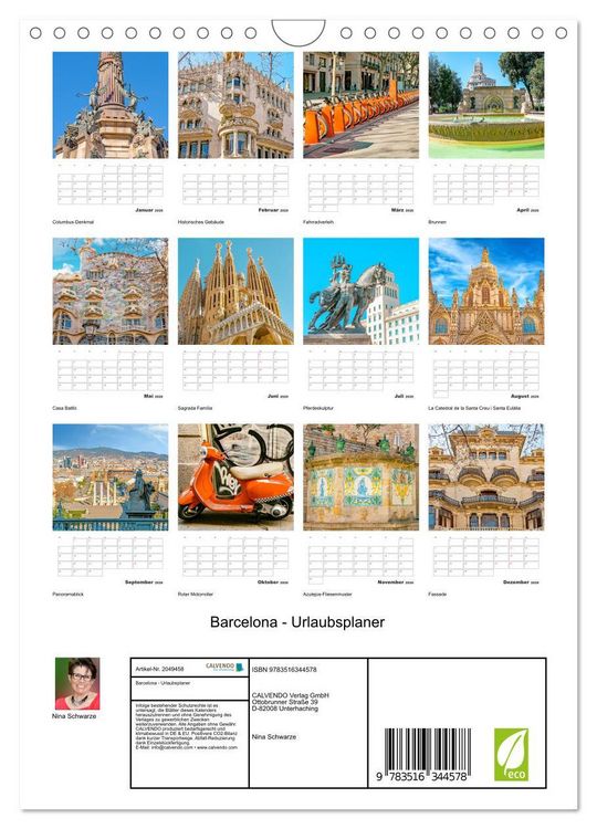 Produktbild: Barcelona - Urlaubsplaner (Wandkalender 2026 DIN A4 hoch), CALVENDO Monatskalender