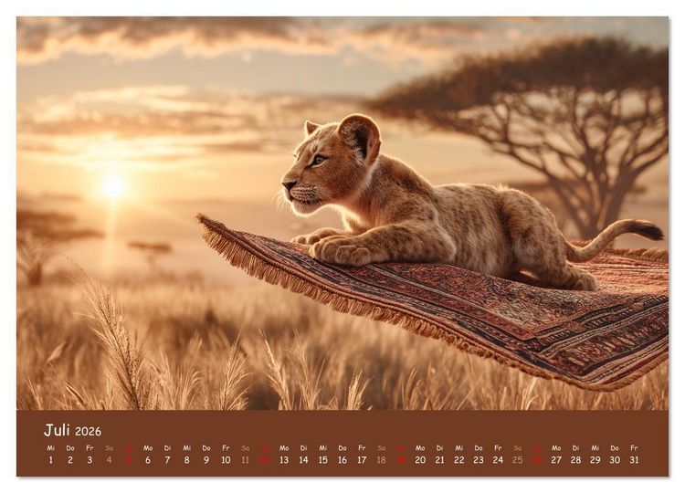 Produktbild: Tierisch hoch hinaus - Fantastische Tiere auf fliegenden Teppichen (hochwertiger Premium Wandkalender 2026 DIN A2 quer), Kunstdruck in Hochglanz