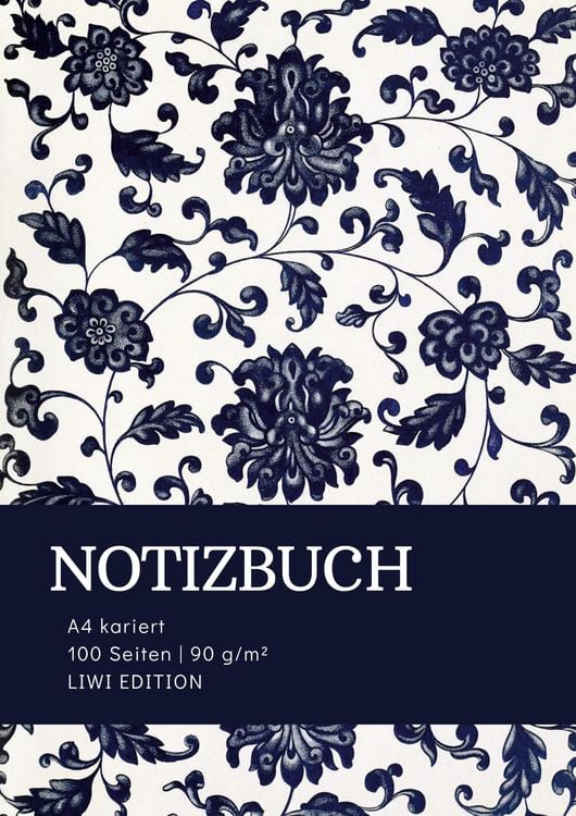 Produktbild: Notizbuch A4 kariert - 100 Seiten Soft Cover floral blau