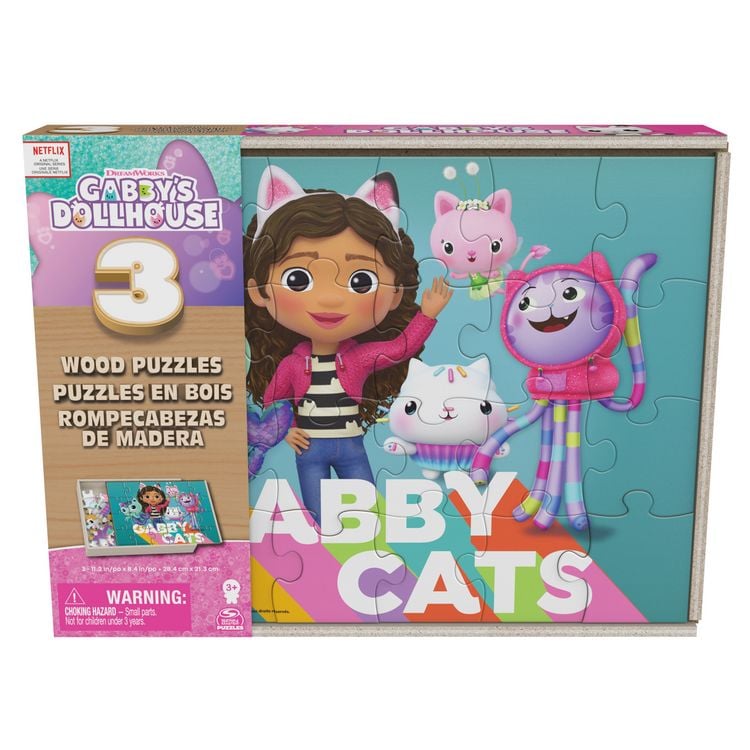 Produktbild: Gabby&rsquo;s Dollhouse Holzpuzzle-Sammlung, 3 miau-tastische Puzzle-Motive mit stabiler Holzbox , jedes besteht aus 24 Teilen, ab 3 Jahren