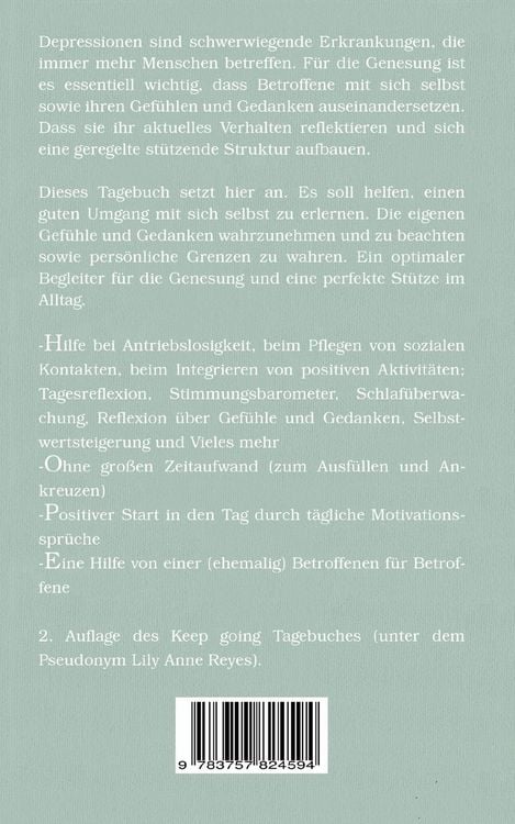 Produktbild: Keep Going - Das Tagebuch gegen Depressionen - Depression Tagebuch: Zum Ausf&uuml;llen und Ankreuzen mit t&auml;glichen Motivationsquotes: Depressionen selber &uuml;berwinden - Selbsthilfe bei Depressionen, Burnout und Stress