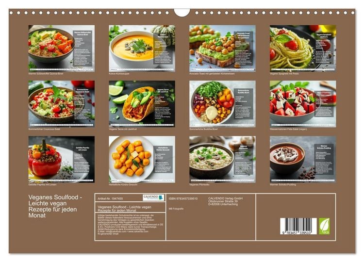 Produktbild: Veganes Soulfood - Leichte vegan Rezepte f&uuml;r jeden Monat (Wandkalender 2026 DIN A3 quer), CALVENDO Monatskalender
