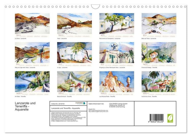 Produktbild: Lanzarote und Teneriffa - Aquarelle (Wandkalender 2026 DIN A3 quer), CALVENDO Monatskalender