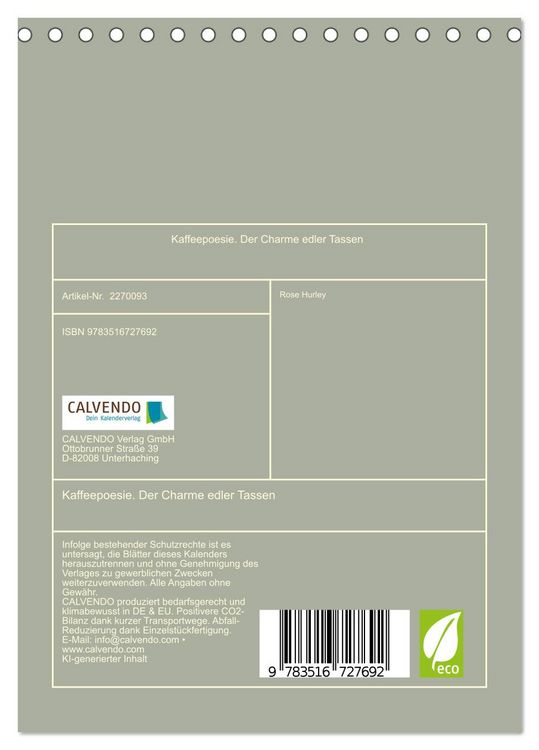 Produktbild: Kaffeepoesie. Der Charme edler Tassen (Tischkalender 2026 DIN A5 hoch), CALVENDO Monatskalender