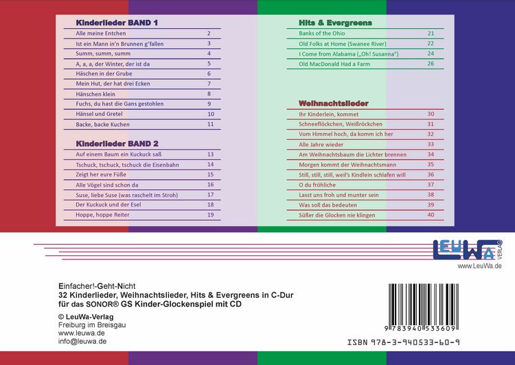 Produktbild: Einfacher!-Geht-Nicht: 32 Kinderlieder, Weihnachtslieder, Hits & Evergreens in C-DUR &ndash; f&uuml;r das SONOR&reg; GS Kinder Glockenspiel mit CD