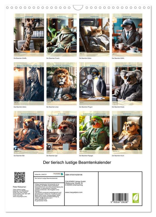 Produktbild: Der tierisch lustige Beamtenkalender (Wandkalender 2026 DIN A3 hoch), CALVENDO Monatskalender