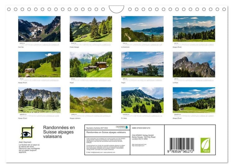 Produktbild: Randonn&eacute;es en Suisse alpages valaisans (Calendrier mural 2026 DIN A4 vertical), CALVENDO calendrier mensuel