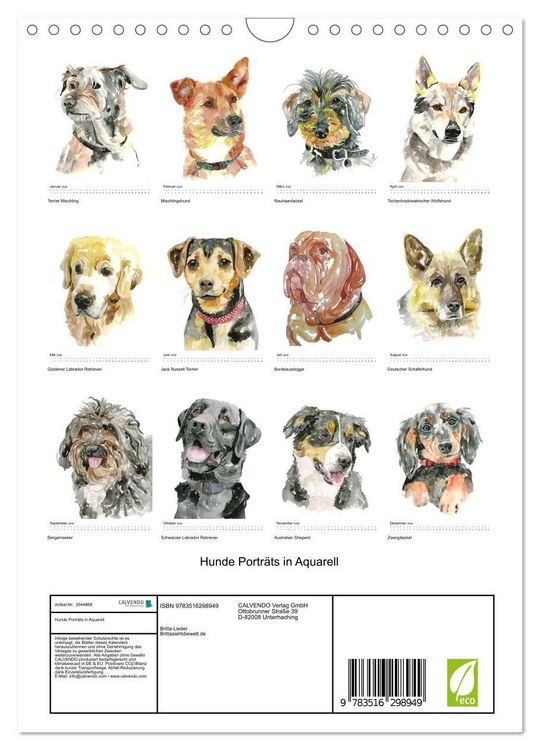 Produktbild: Hunde Portr&auml;ts in Aquarell (Wandkalender 2026 DIN A4 hoch), CALVENDO Monatskalender