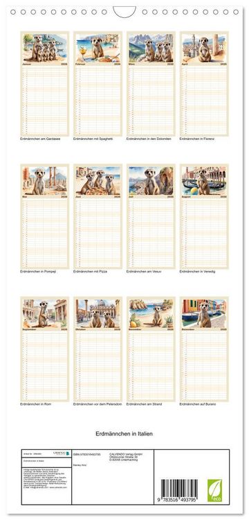 Produktbild: Familienplaner 2026 - Erdm&auml;nnchen in Italien mit 5 Spalten (Wandkalender, 21 x 45 cm) CALVENDO