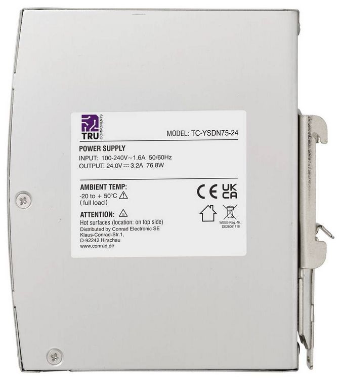 Produktbild: TRU COMPONENTS TC-13807980 Hutschienen-Netzteil (DIN-Rail) 24 V/DC 3.2 A 76.8 W Anzahl Ausg&auml;nge:1 x Inhalt 1 St.