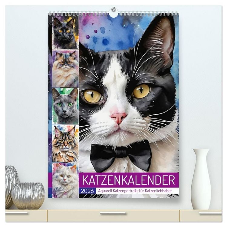 Produktbild: KATZENKALENDER - Aquarell Katzenportraits f&uuml;r Katzenliebhaber (hochwertiger Premium Wandkalender 2026 DIN A2 hoch), Kunstdruck in Hochglanz