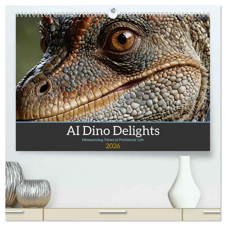 Produktbild: AI Dino Delights Mesmerizing Views of Prehistoric Life (High Quality Premium Wall Calendar 2026 DIN A2 landscape),CALVENDO 12 Month Wall Calendar