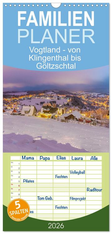 Produktbild: Familienplaner 2026 - Vogtland - von Klingenthal bis G&ouml;ltzschtal mit 5 Spalten (Wandkalender, 21 x 45 cm) CALVENDO