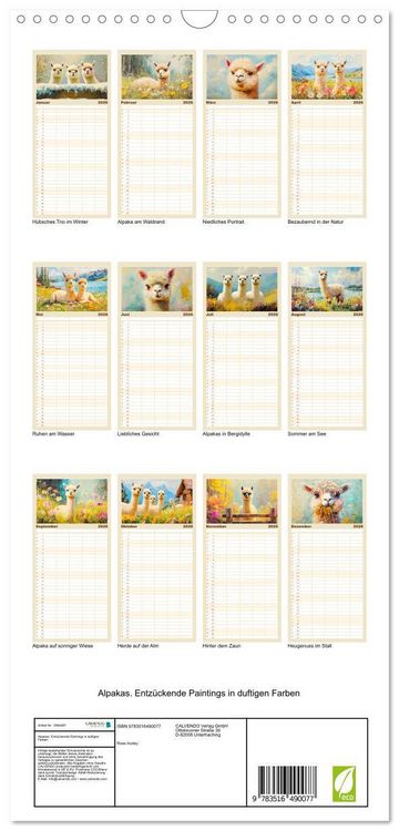 Produktbild: Familienplaner 2026 - Alpakas. Entz&uuml;ckende Paintings in duftigen Farben mit 5 Spalten (Wandkalender, 21 x 45 cm) CALVENDO