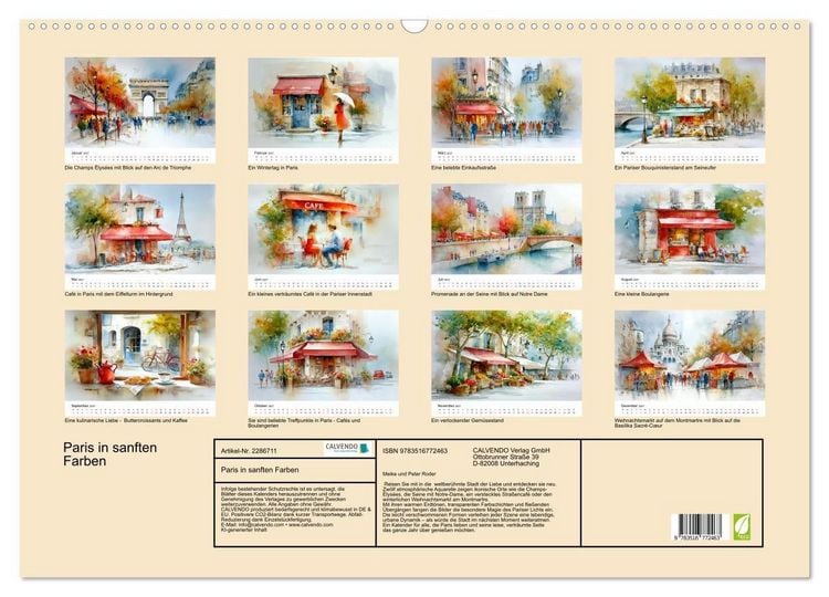 Produktbild: Paris in sanften Farben (Wandkalender 2027 DIN A2 quer), CALVENDO Monatskalender