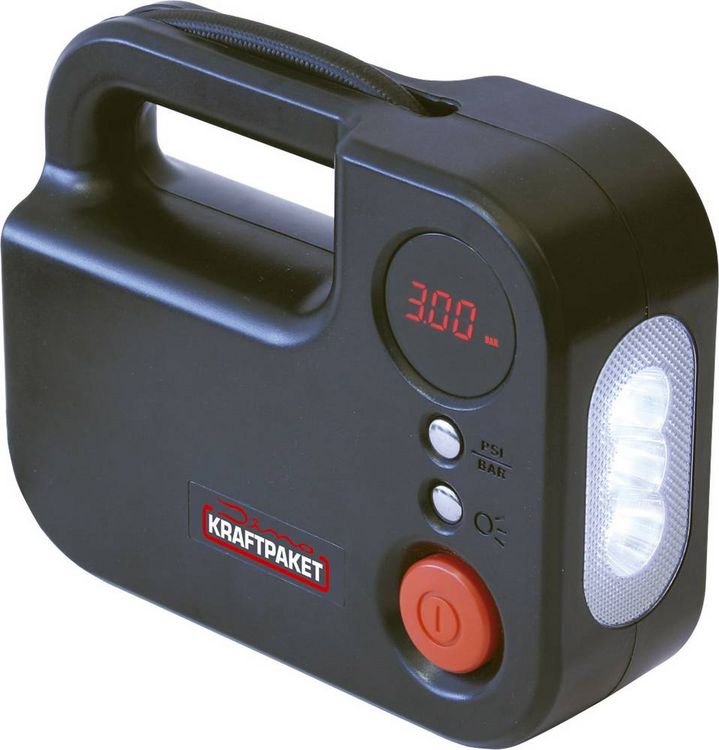 Produktbild: Dino KRAFTPAKET 136308 Kompressor 10.3 bar 12 V Adapter zum Betrieb per Kabel, Digitales Display, Kabelfach/-aufnahme, mit Arbeitslampe