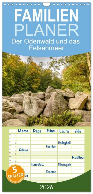 Produktbild: Familienplaner 2026 - Der Odenwald und das Felsenmeer mit 5 Spalten (Wandkalender, 21 x 45 cm) CALVENDO
