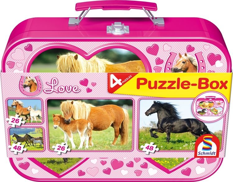 Produktbild: Puzzle Box Schmidt Spiele Pferde im Metallkoffer 2x26, 2x48Teile