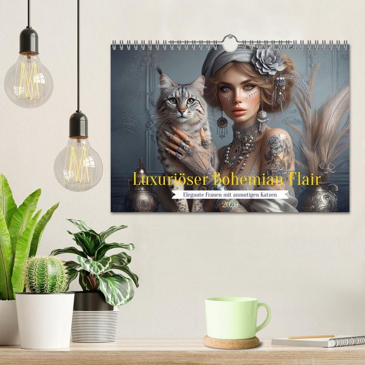 Produktbild: Luxuri&ouml;ser Bohemian Flair - Elegante Frauen mit anmutigen Katzen (Wandkalender 2026 DIN A4 quer), CALVENDO Monatskalender
