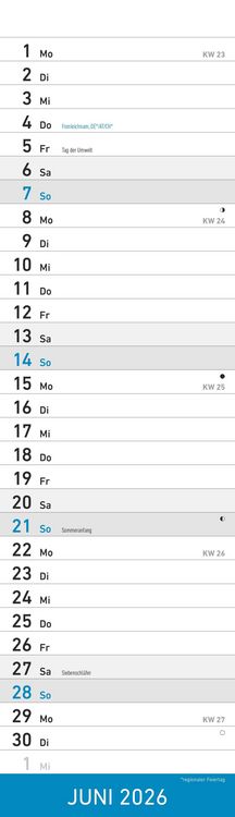 Produktbild: Streifenplaner Mini BLAU 2026 - Streifenkalender - Wandplaner - Küchen-Kalender - 9,5x33