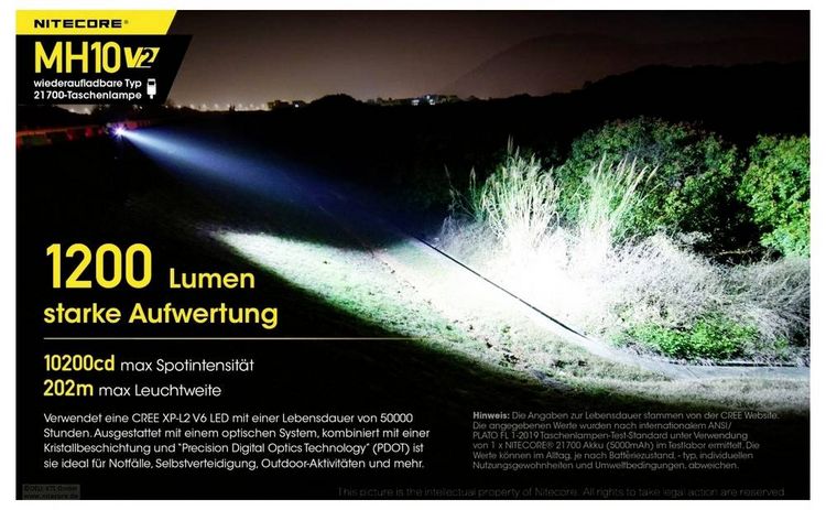 Produktbild: NiteCore MH10 V2 LED Taschenlampe akkubetrieben 1200lm 1500h 77.5g