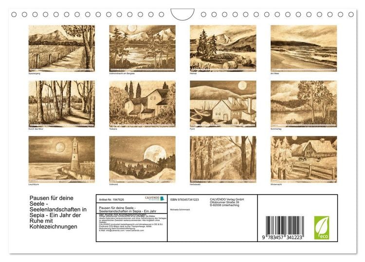 Produktbild: Pausen f&uuml;r deine Seele - Seelenlandschaften in Sepia - Ein Jahr der Ruhe mit Kohlezeichnungen (Wandkalender 2026 DIN A4 quer), CALVENDO Monatskalender