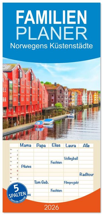 Produktbild: Familienplaner 2026 - Norwegens K&uuml;stenst&auml;dte mit 5 Spalten (Wandkalender, 21 x 45 cm) CALVENDO