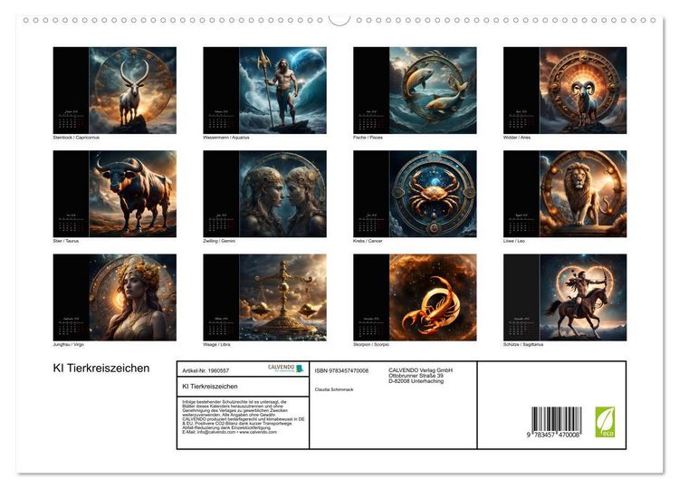 Produktbild: KI Tierkreiszeichen (hochwertiger Premium Wandkalender 2026 DIN A2 quer), Kunstdruck in Hochglanz