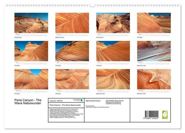 Produktbild: Paria Canyon - The Wave Naturwunder (hochwertiger Premium Wandkalender 2026 DIN A2 quer), Kunstdruck in Hochglanz