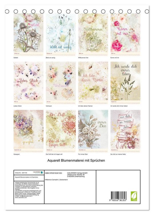 Produktbild: Aquarell Blumenmalerei mit Spr&uuml;chen (Tischkalender 2026 DIN A5 hoch), CALVENDO Monatskalender