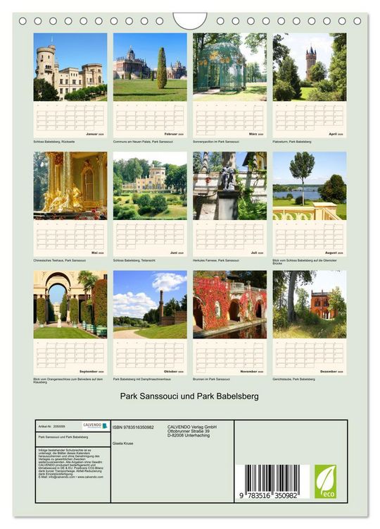 Produktbild: Park Sanssouci und Park Babelsberg (Wandkalender 2026 DIN A4 hoch), CALVENDO Monatskalender
