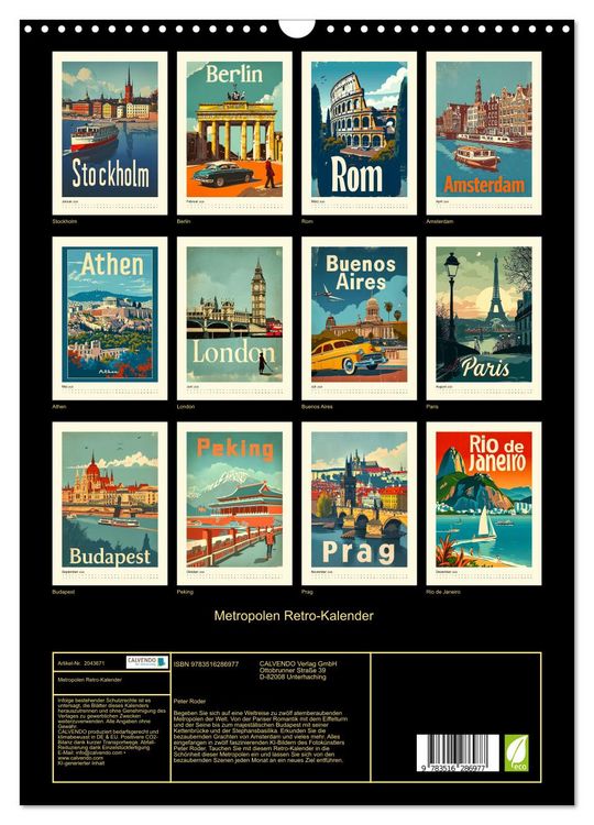 Produktbild: Metropolen Retro-Kalender (Wandkalender 2026 DIN A3 hoch), CALVENDO Monatskalender