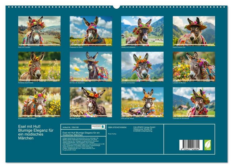 Produktbild: Esel mit Hut! Blumige Eleganz f&uuml;r ein modisches M&auml;rchen (hochwertiger Premium Wandkalender 2026 DIN A2 quer), Kunstdruck in Hochglanz