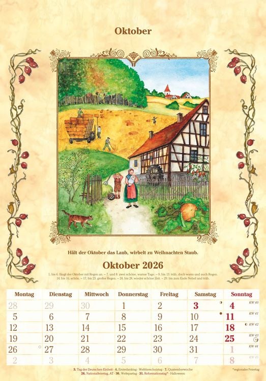Produktbild: Bauernkalender 2026 - Bildkalender 23,7x34 cm - mit Wetterprognosen, Bauernregeln und liebevollen Illustrationen - Wandkalender - Alpha Edition