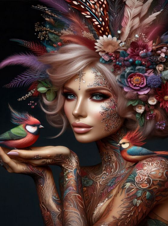Produktbild: CALVENDO Puzzle Portrait einer Frau mit mauvefarbenen organischen Haarschmuck und Paradiesv&ouml;geln auf der Hand | 2000 Teile Lege-Gr&ouml;&szlig;e 90x67cm Foto-Puz