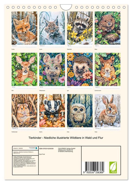Produktbild: Tierkinder - Niedliche illustrierte Wildtiere in Wald und Flur (Wandkalender 2026 DIN A4 hoch), CALVENDO Monatskalender