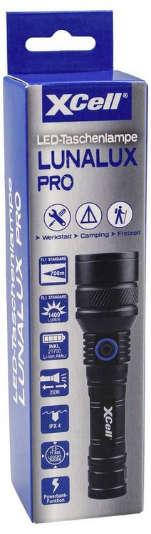 Produktbild: XCell Lunalux Pro LED Taschenlampe Gro&szlig;e Reichweite, mit Stroboskopmodus, mit USB-Schnittstelle akkubetrieben 700 lm 11 h 238.8 g