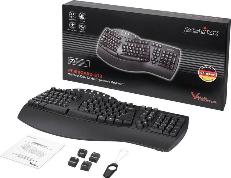 Produktbild: Perixx PERIBOARD-612BDE Bluetooth&reg; Tastatur Deutsch, QWERTZ Schwarz Ergonomisch, Handballenauflage, Multimediatasten